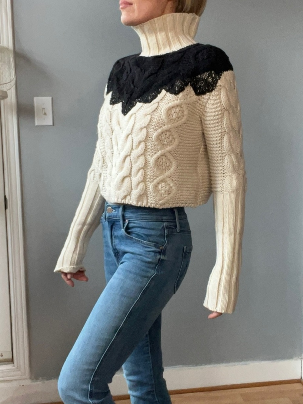Zara Black / Cream cropped chunky cable knit turtleneck Sweater
